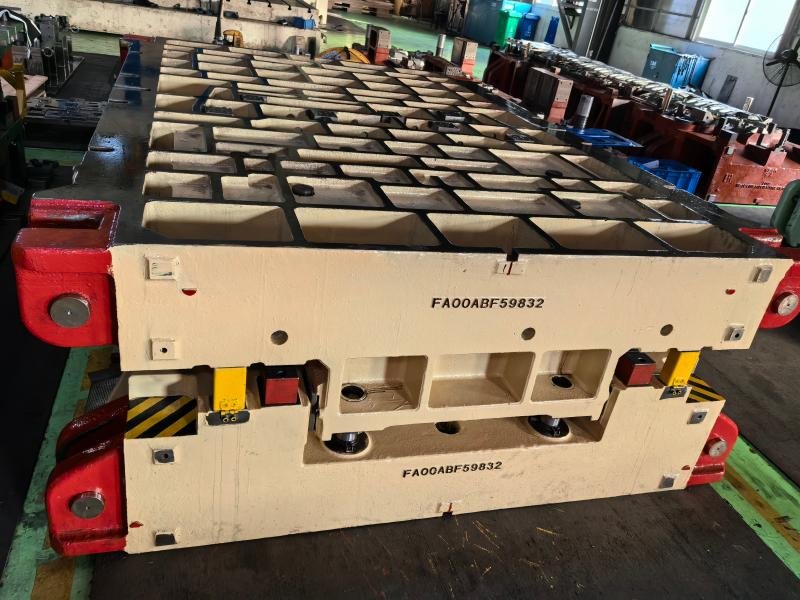 Large industrial injection mold with serial number FA00ABF59832, positioned in factory before transport, ready for inspection and dimensional recording.