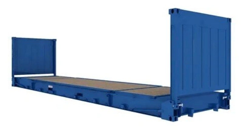 A clean, empty blue flat rack container with collapsible end walls, showcasing its open-side design ideal for top or side loading of heavy or irregularly shaped cargo.