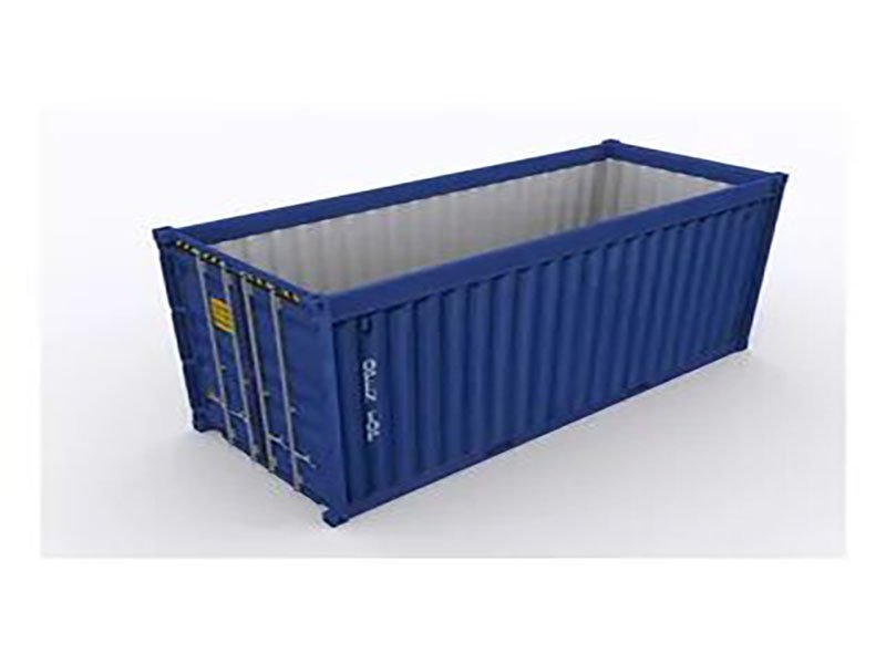 Side view of an empty blue open top shipping container showing removable roof structure used for comparing base freight rates and equipment availability against standard dry containers