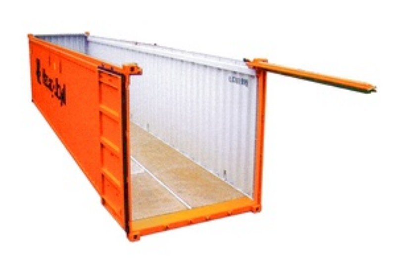 Side view of an empty orange open top container demonstrating the lack of fixed roof structure suitable for over-height and out-of-gauge project cargo