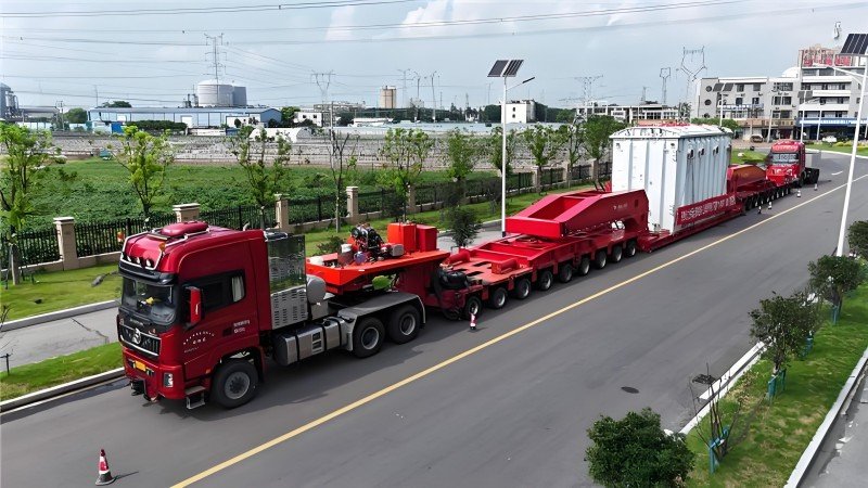 Red heavy haul truck with modular trailer transporting large white industrial equipment — classic oversized cargo requiring specialized inland transport.