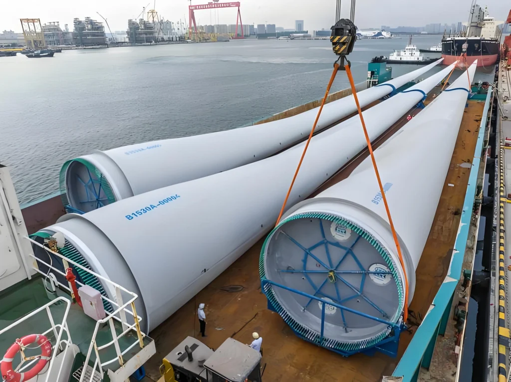 Three enormous wind turbine blades are being loaded onto the deck of a specialized heavy-lift ship at a port, with workers overseeing the operation near the water.
