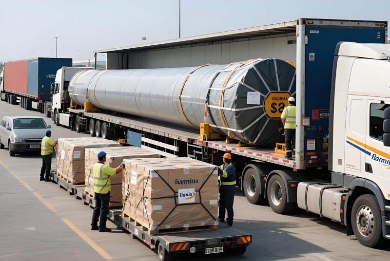 Long wrapped pipe loaded on flat rack beside standard palletized boxes at port — real-world example of integrated project cargo execution.