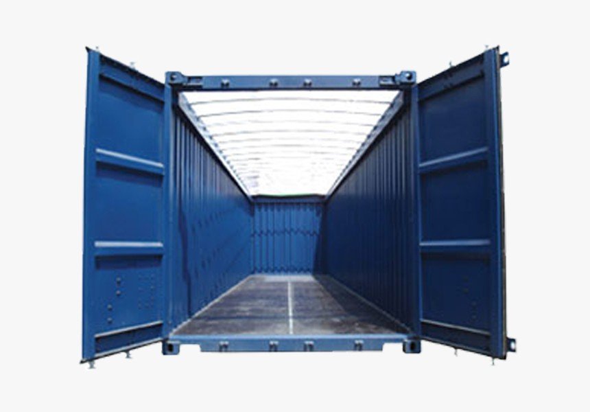 Interior perspective of a blue open top container looking up at the tarpaulin roof support, illustrating crane loading access that avoids equipment dismantling labor costs