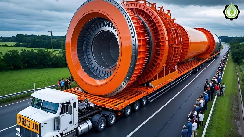 Oversized orange turbine section on lowbed trailer, part of a multi-unit project shipment for energy infrastructure — illustrating project cargo’s scale and public impact.