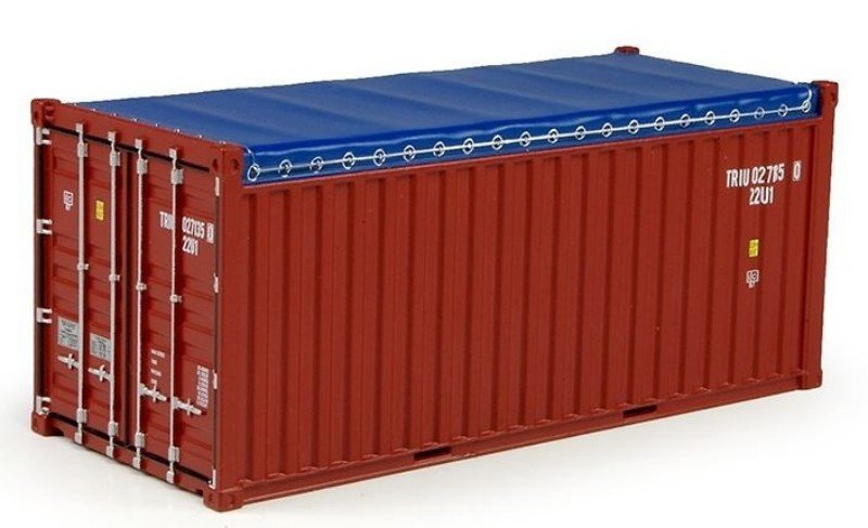Red open top container fully covered with blue reinforced tarpaulin system secured by ropes to protect cargo from rain and sea spray during ocean transit