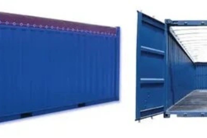 Diagram showing the exterior tarpaulin cover and the interior spacious view of an open top container for heavy lift cargo