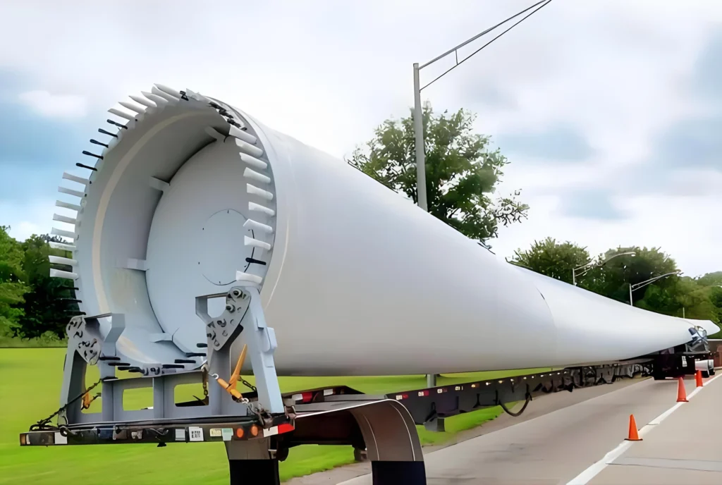 A close-up view of the root end of a wind turbine blade secured on a custom transport cradle, traveling along a highway with traffic cones visible.