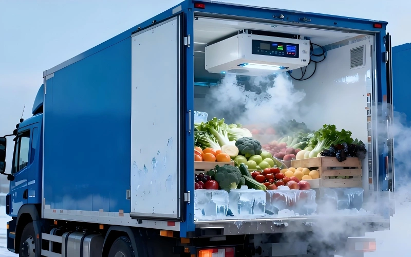 Blue refrigerated truck with open rear doors emitting cold vapor loaded with fresh vegetables fruits and ice packs to maintain product temperature during transit