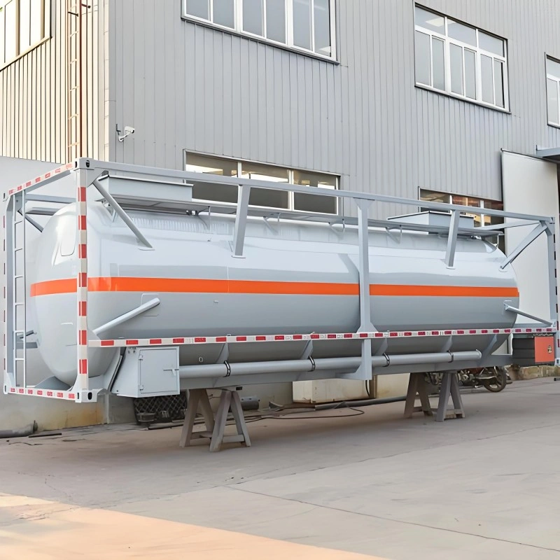 A gray tank container with orange stripes, equipped with IoT sensors, designed for transporting corrosive materials safely in OOG logistics.