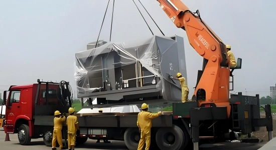Red truck with mounted orange crane lifting vacuum wrapped grey industrial machine onto flatbed under supervision of workers in safety uniforms