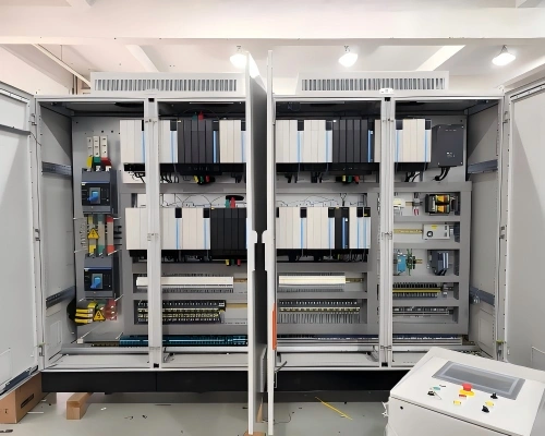 Electrical control cabinets installed inside custom wooden crate with internal bracing and access panels for safe transport