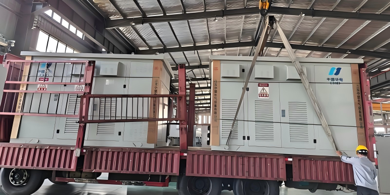 Two heavy electrical substation cabinets on red flat rack with forklift positioning and on site supervision for power project delivery