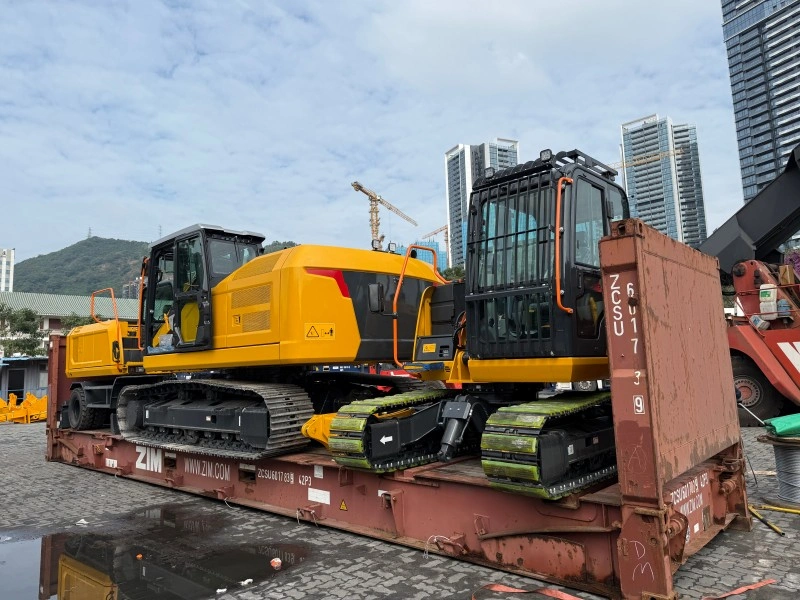 Two yellow excavators are securely loaded onto a ZIM flat rack container, showcasing the method of transporting heavy construction machinery overseas. The image captures the scale of OOG cargo and the specialized equipment required for its movement.