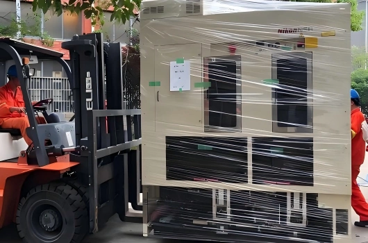 Forklift operator positioning large vacuum packed industrial machine on skid with on site supervision for factory relocation project
