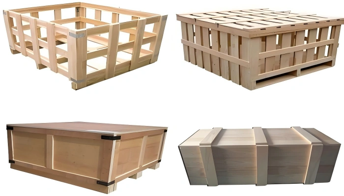 Four types of wooden packaging solutions including open frame crate slatted crate fully enclosed case and steel banded reinforced case for export cargo