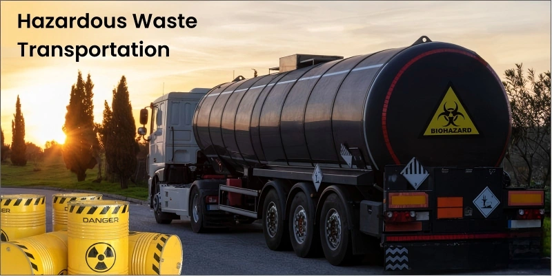 A black tanker truck parked on a roadside at sunset, displaying a prominent yellow biohazard symbol on its rear. Yellow barrels labeled "DANGER" and featuring radioactive symbols are placed in the foreground, illustrating a hazardous waste transportation scenario.