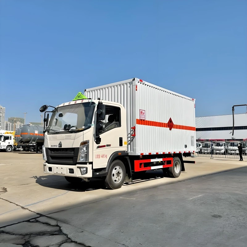 White Howo box truck with red hazard stripes and flammable warning labels, designed for safe road transport of dangerous goods