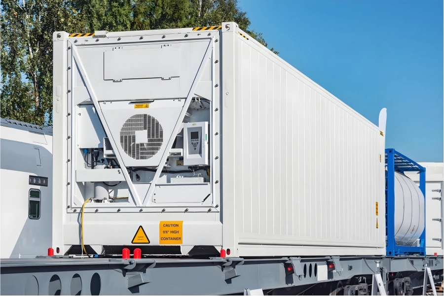 ISO reefer container loaded on flat rack with rear access open showing cooling unit and control system for multi-modal cold chain shipment