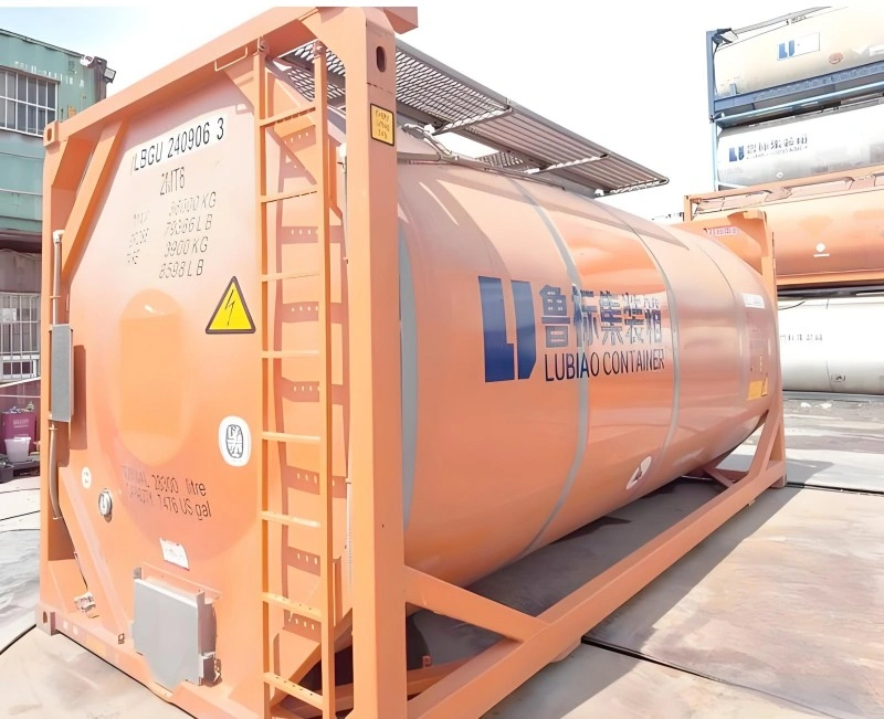 An orange ISO tank container branded "LUBIAO CONTAINER" with IoT sensors, designed for secure liquid cargo transport in multimodal logistics.