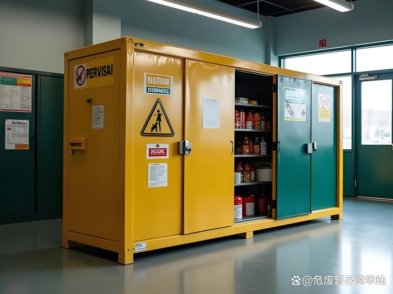 A large yellow industrial safety cabinet for storing hazardous chemicals, featuring warning labels, locked doors, and shelves stocked with various chemical containers. The cabinet is located in a clean, well-lit warehouse environment.