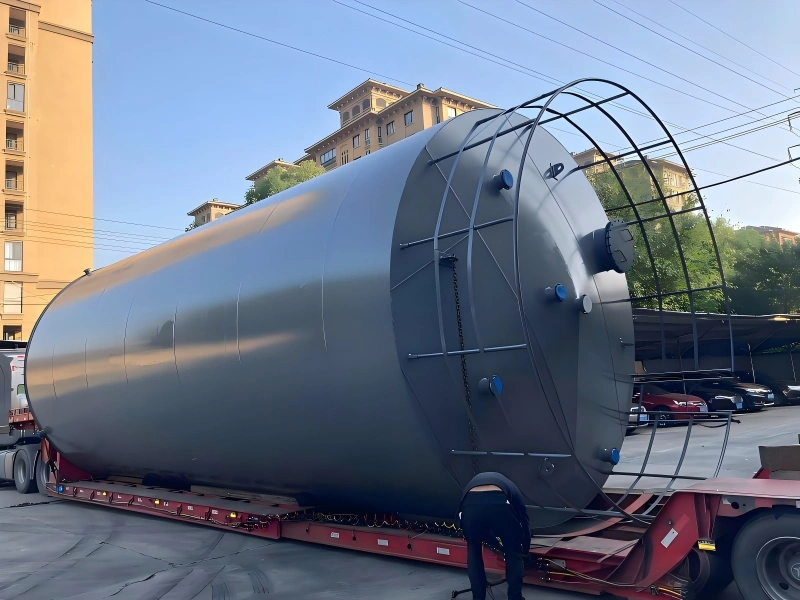 Large industrial storage tank secured on a multi-axle lowbed trailer during inland transport preparation for OOG shipment