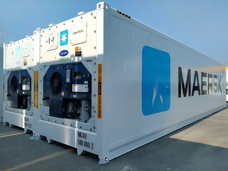 A row of white Maersk refrigerated shipping containers featuring Carrier refrigeration units, ready for cold chain logistics.