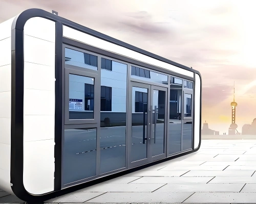 Prefabricated modular building unit with glass facade, representing relocatable industrial facilities shipped via open top or flat rack