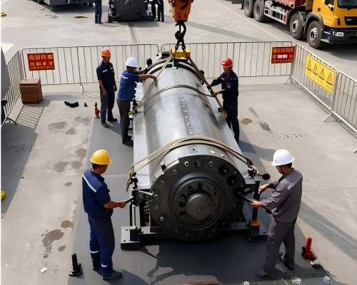 Logistics team securing a large industrial pressure vessel with slings and blocking before open top container loading