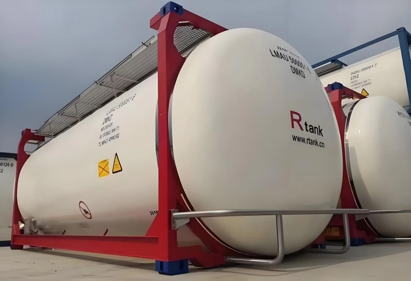 White R-Tank ISO tank container with red external frame, featuring hazard warning labels and UN certification markings for safe intermodal transport
