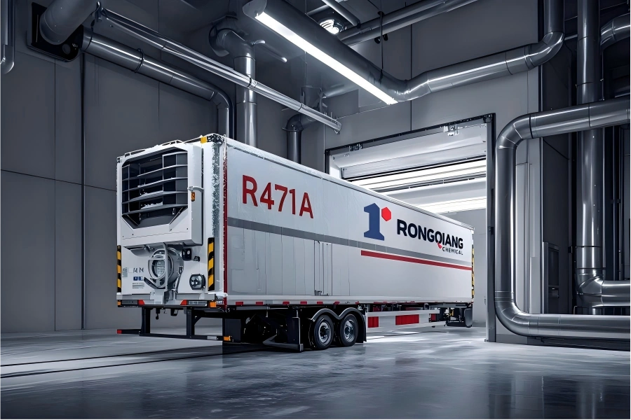 RONGQIANG CHEMICAL branded refrigerated trailer with R471A refrigerant unit parked inside temperature-controlled warehouse for cold chain logistics preparation