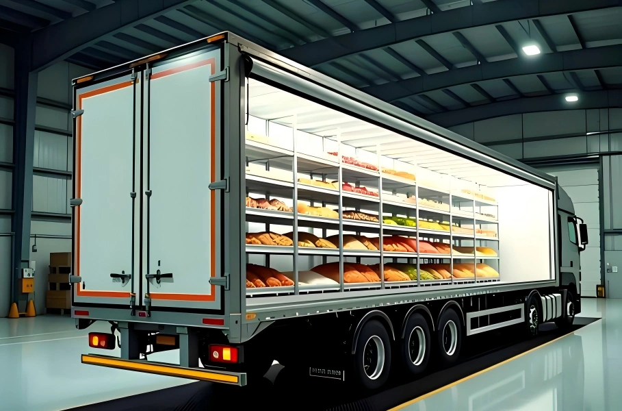 White refrigerated trailer at warehouse dock with open rear doors displaying multi level shelving loaded with baked goods and packaged food items for chilled distribution