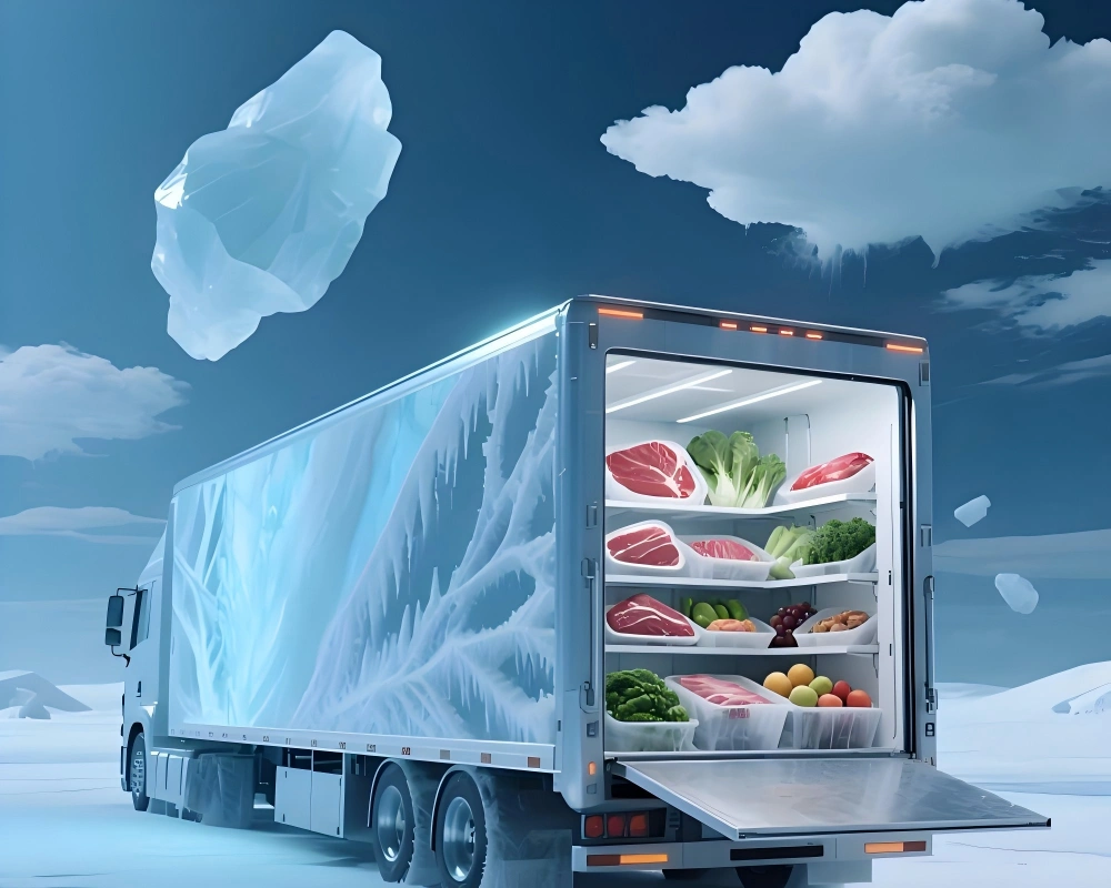 Refrigerated truck with icy exterior visualizing sub zero temperature control loaded with frozen meat fresh vegetables and fruits for cold chain integrity demonstration