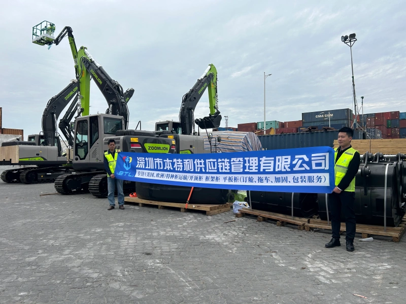 Two logistics professionals from Shenzhen BTL Supply Chain Management Co., Ltd. stand with a company banner in front of Zoomlion excavators and shipping containers at a port yard.