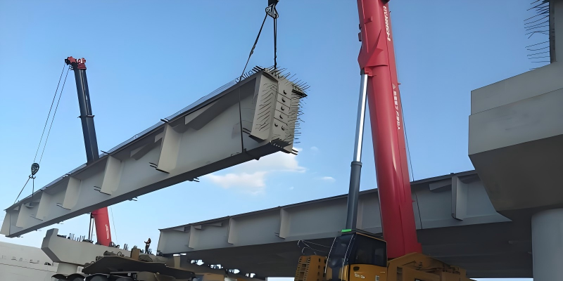 Long white steel girder lifted by dual mobile cranes during bridge or infrastructure installation at construction site