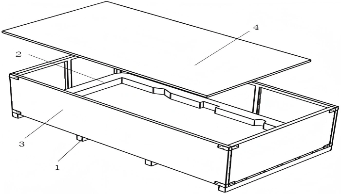 Engineering diagram of wooden crate structure with numbered components lid side panel base and corner posts for packing design reference