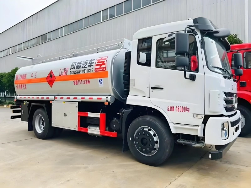 White Tongwei fuel tanker truck with orange hazard markings and 18,000kg total mass specification, built for safe transport of flammable liquids