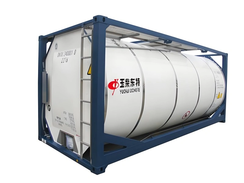 Yuchai Dongte ISO tank container with blue frame and white tank, featuring UN certification markings for safe intermodal transport of hazardous liquids
