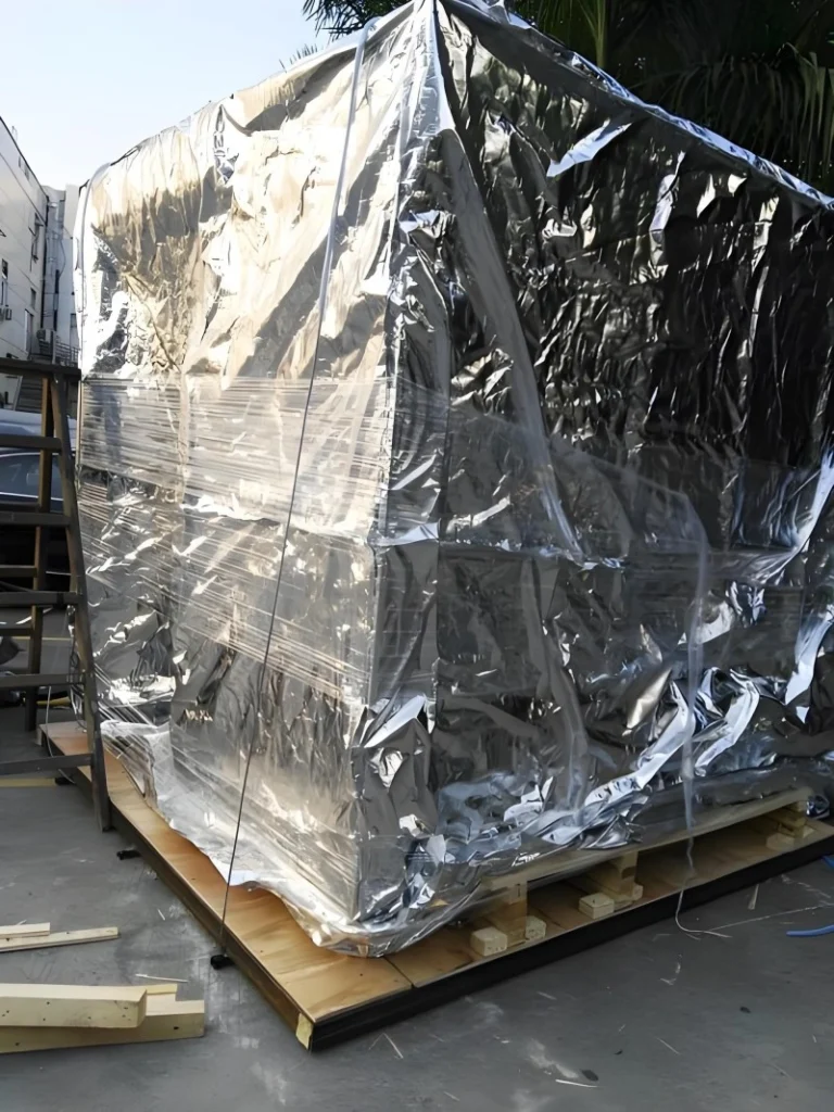 Industrial equipment fully wrapped in reflective aluminum foil composite film and secured on a wooden pallet, highlighting advanced moisture-proof and anti-corrosion packaging technology for export.
