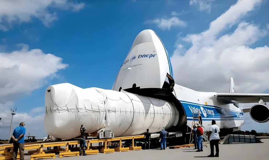 Ground crew supervise the loading of a massive, white-wrapped cylindrical aerospace component into the open nose cargo bay of an Antonov An-124 Ruslan heavy-lift transport aircraft under a partly cloudy sky.