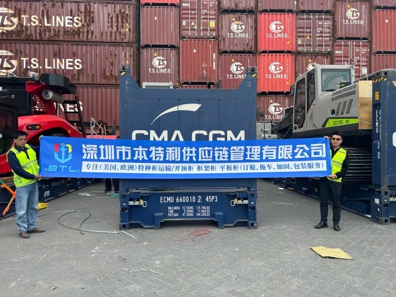 Two logistics personnel in high-visibility vests stand beside a blue CMA CGM flat rack container holding a banner for Shenzhen BTL Supply Chain Management Co., Ltd., with stacked T.S. Lines containers and heavy machinery visible in the background.
