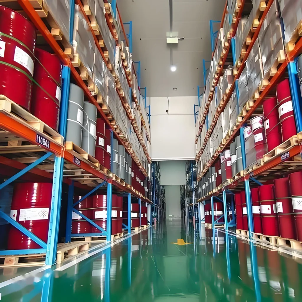 A long aisle in a chemical warehouse with blue and orange pallet racking storing red and grey metal drums on wooden pallets. The polished green floor and clear aisle markings indicate a well-maintained facility for hazardous material storage.