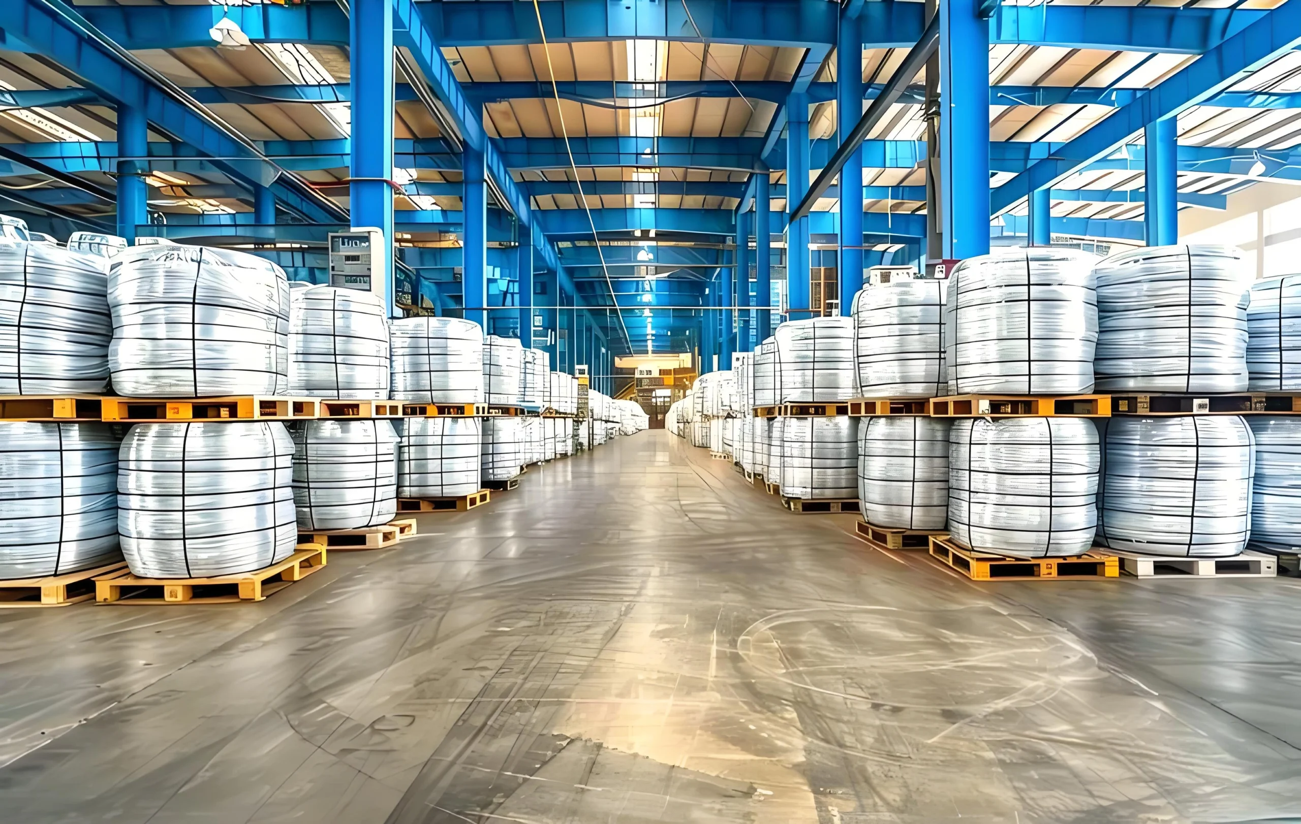 Large industrial warehouse with blue steel support beams storing numerous large metal coils wrapped in protective material on wooden pallets. The spacious layout and organized arrangement reflect efficient heavy cargo handling practices.