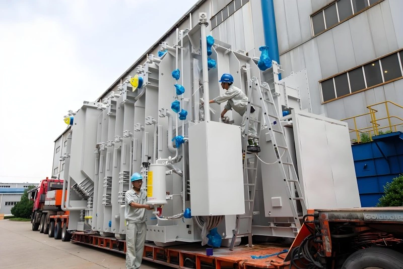 Two technicians in protective gear perform final inspections and secure connections on a row of large gray transformers loaded onto orange lowbed trailers outside a factory building, emphasizing precision preparation for international logistics.