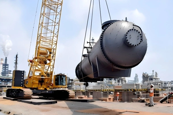 Yellow crawler crane lifting a pressure vessel into position at an industrial plant, marking the final stage of the project cargo delivery