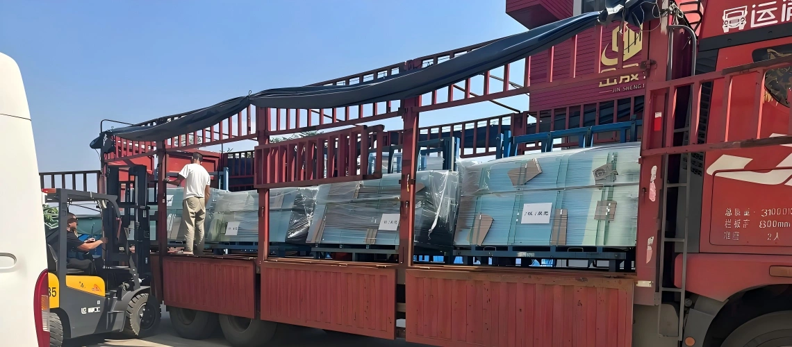 Warehouse logistics operation showing a forklift loading shrink-wrapped glass panels, ensuring balanced positioning and securement for road transport.