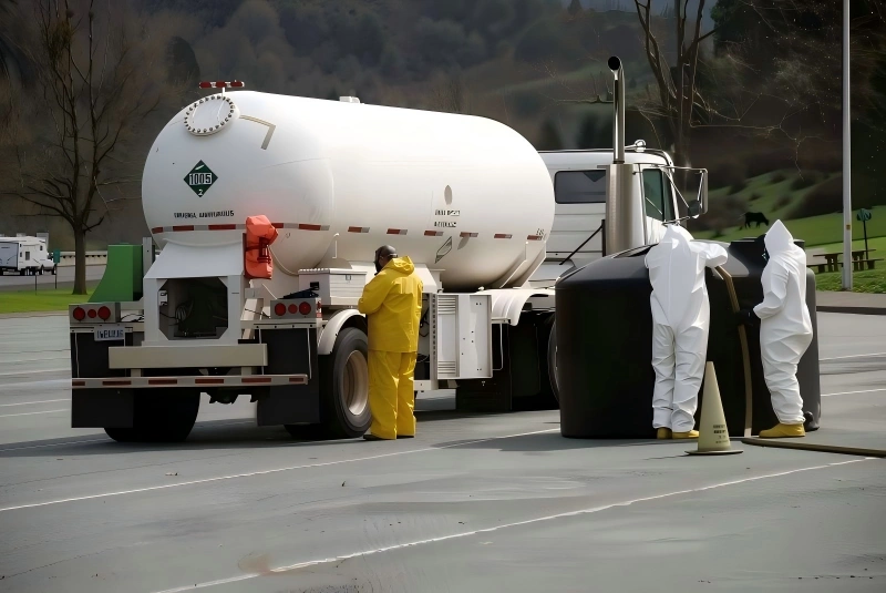 Emergency response team in hazmat suits managing a potential chemical spill near a tanker truck, demonstrating safety protocols and risk mitigation.