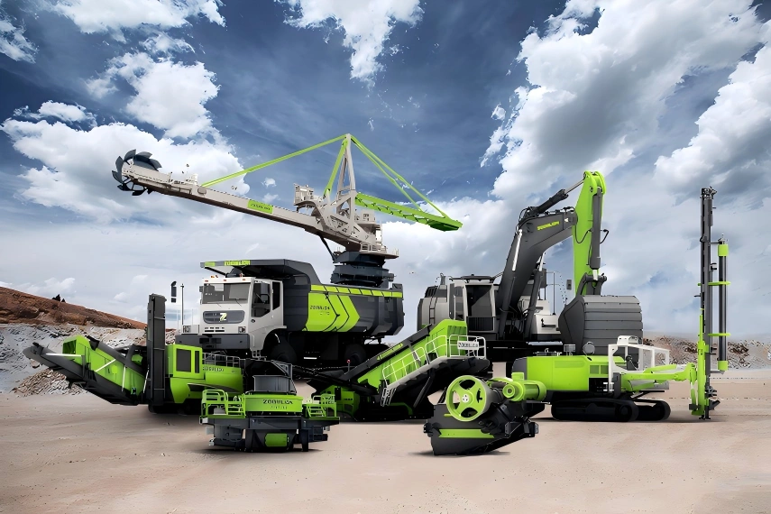 Assortment of large-scale mining machinery including excavators, mobile crushers, and drilling rigs ready for transport from China