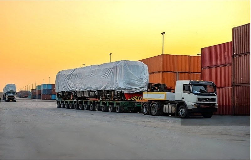 A large industrial machine covered with protective tarpaulin is being transported on a multi-axle lowbed trailer through a container port during sunset, illustrating overland logistics for oversized cargo.