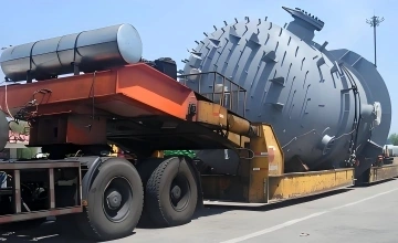 Side view of a specialized trailer carrying a heavy pressure vessel, highlighting the cargo's cylindrical shape and support requirements for safe road transport.  